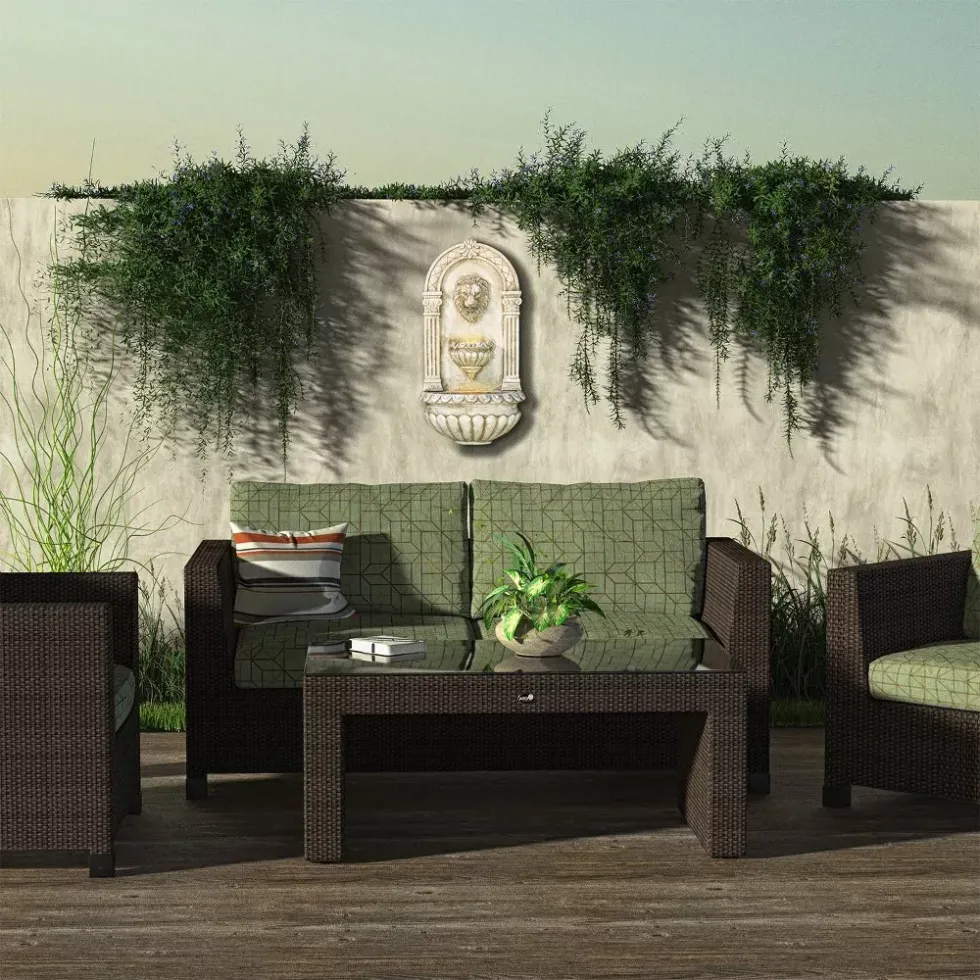 mounted fountain with lion's head and LED lights