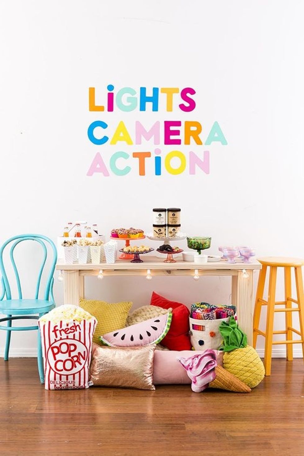 movie night bridal shower inspiration with popcorn and lots of pillows