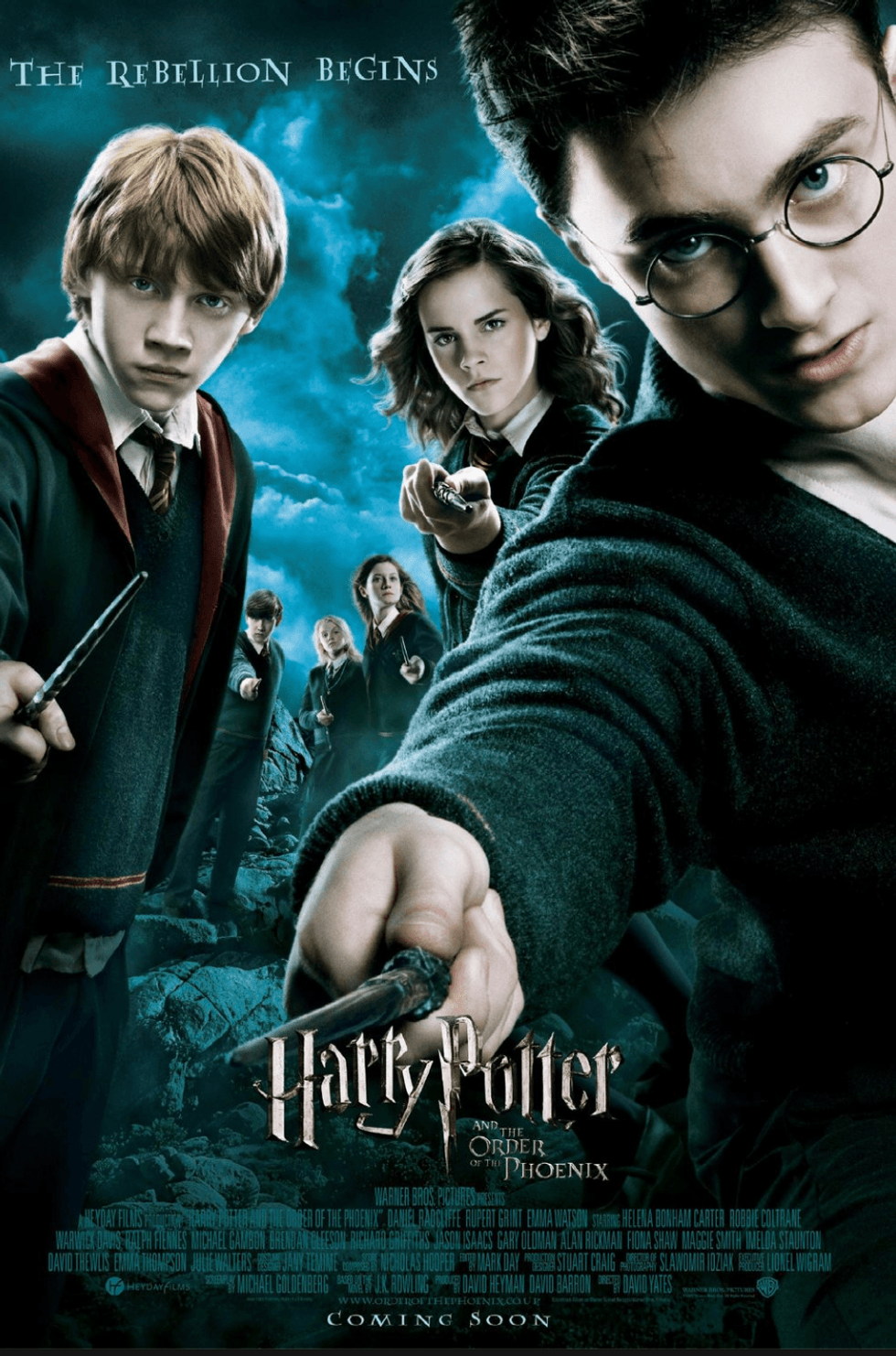Movie poster: Young wizards with wands, "Harry Potter and the Order of the Phoenix."