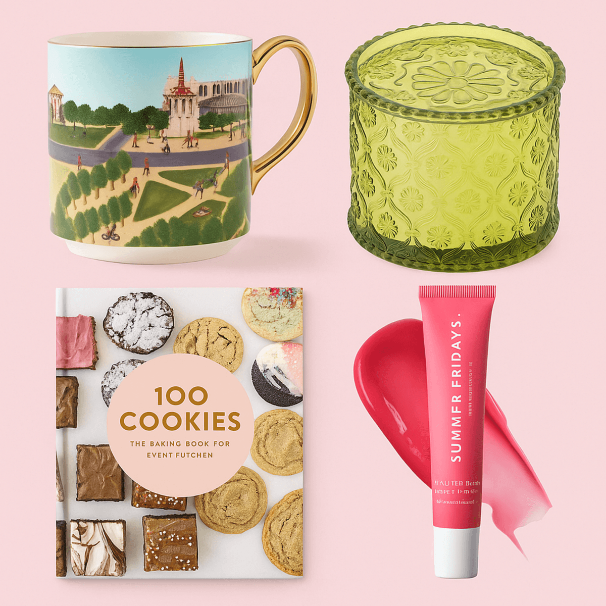 Mug, green jar, cookie book, and lip balm on a pink background.