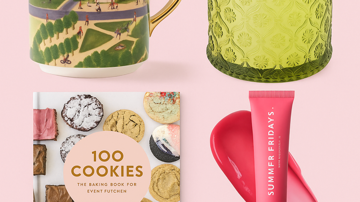 Mug, green jar, cookie book, and lip balm on a pink background.