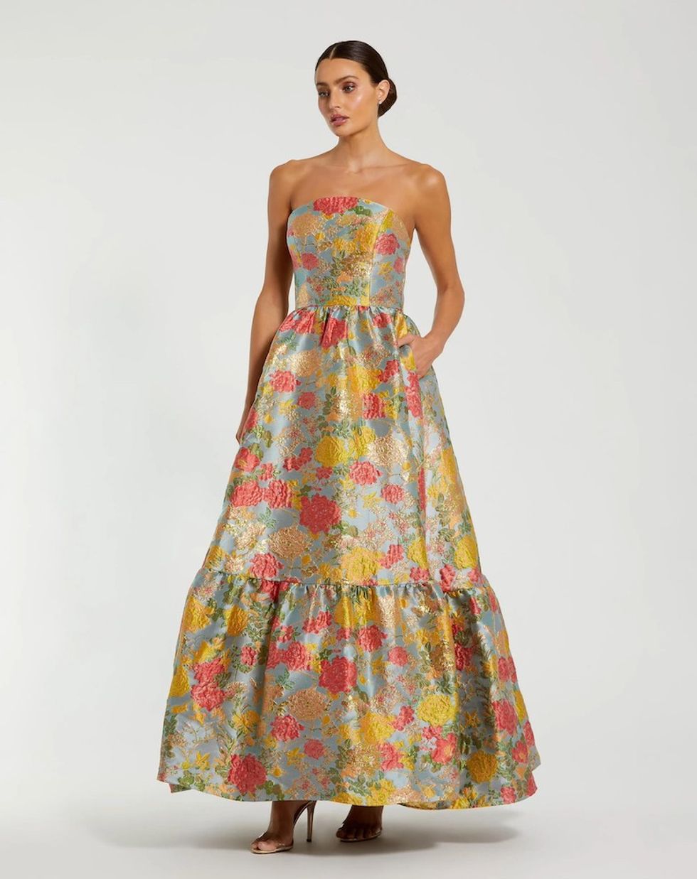 Multicolor Strapless Brocade Floral Gown With Ruffle Hem
