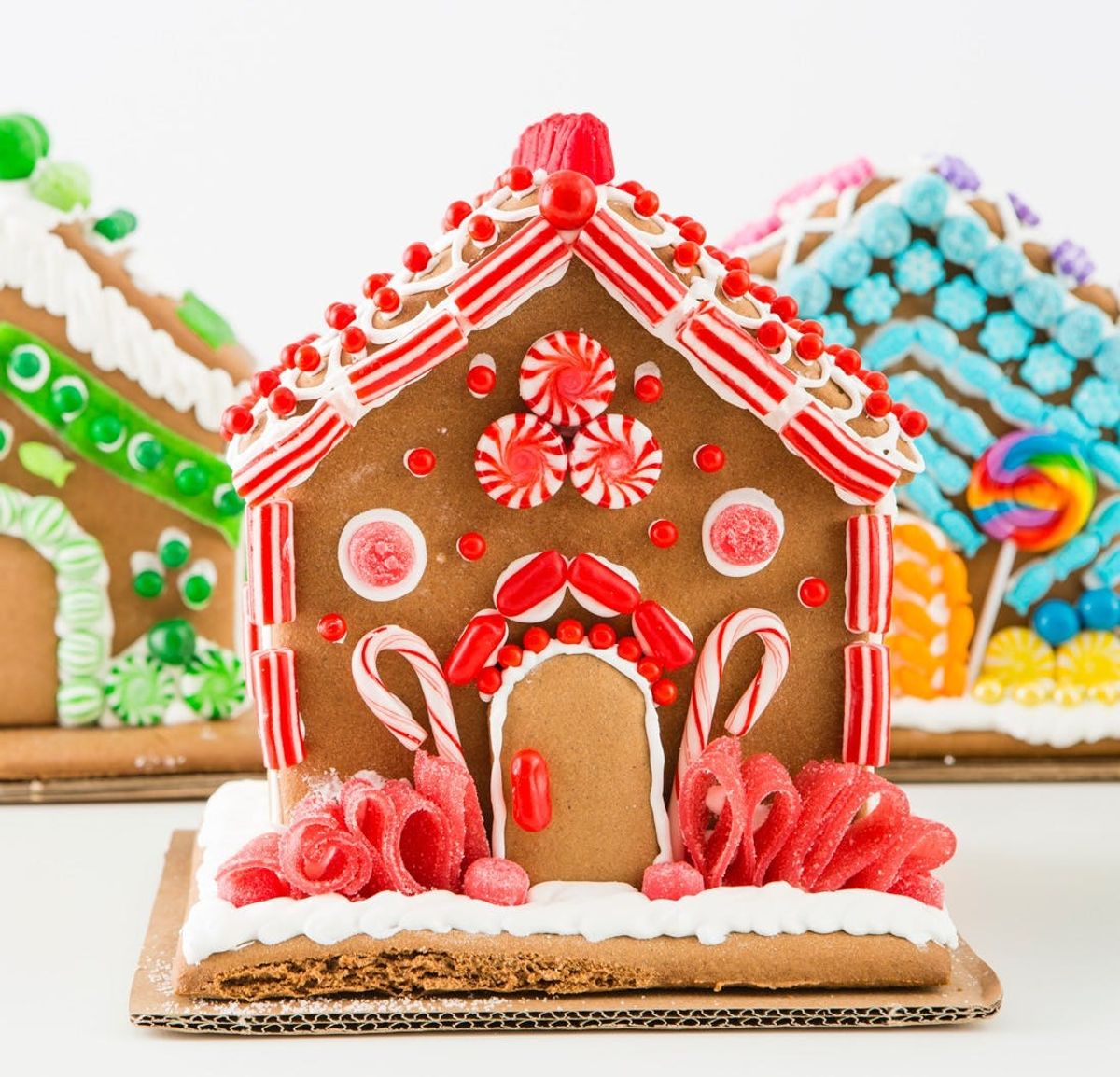 multicolored gingerbread house decorations