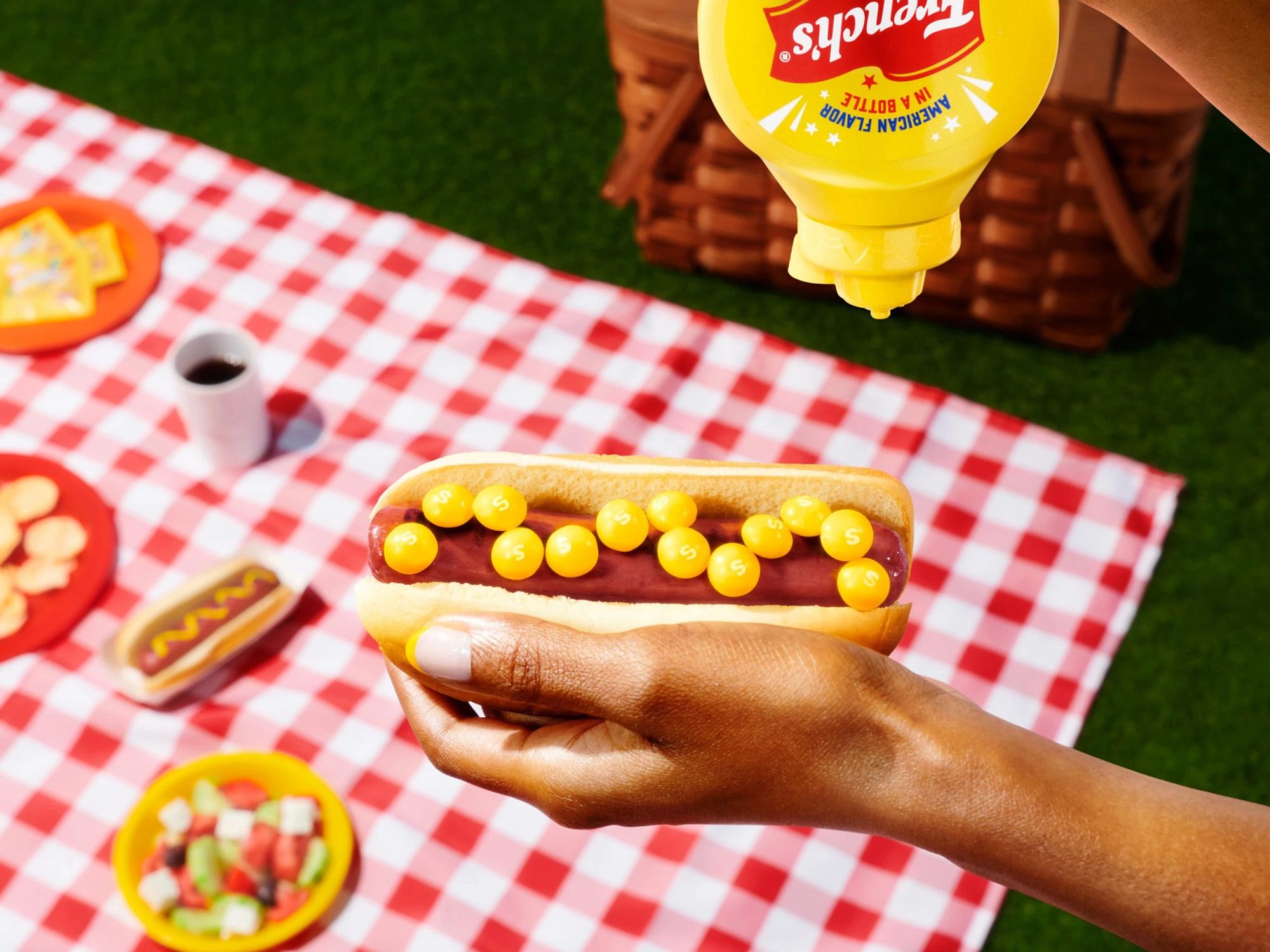 mustard skittles on a hot dog