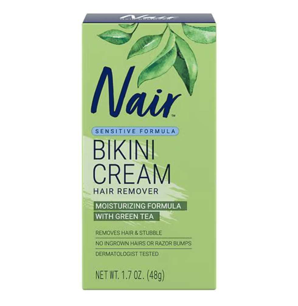Nair Bikini Cream box, green tea formula, 1.7 oz, sensitive skin hair remover.