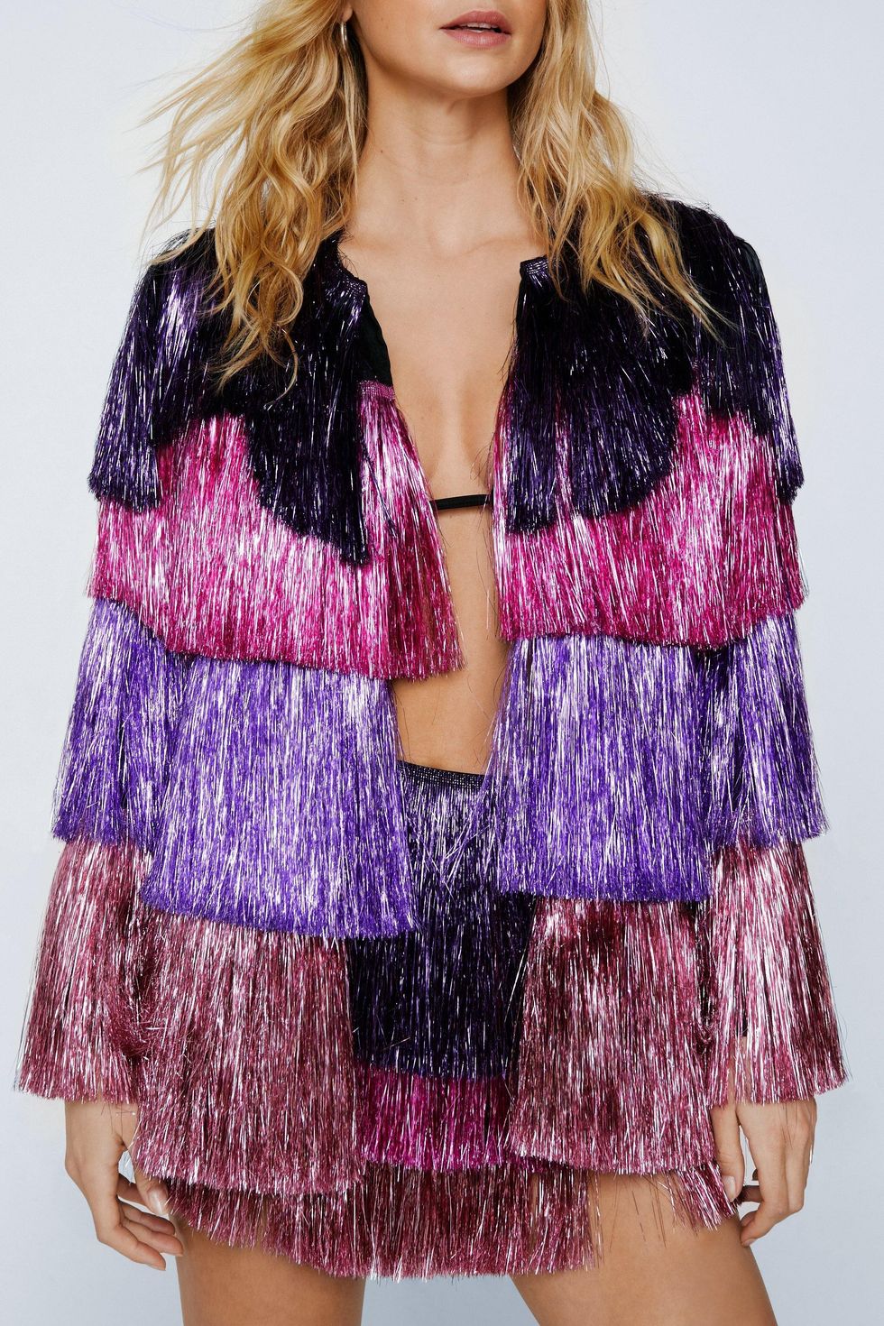 Nasty Gal Metallic Tiered Tinsel Fringe Open Front Jacket