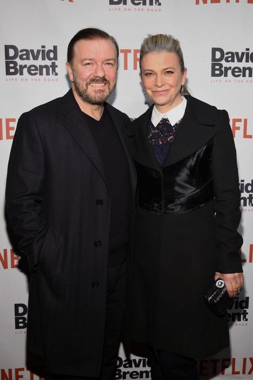 NEW YORK, NY - FEBRUARY 02: Comedian Ricky Gervais (L) and author Jane Fallon attend the "David Brent: Life on the Road" New York Screening at The Metrograph on February 2, 2017 in New York City. (Photo by Ben Gabbe/Getty Images)