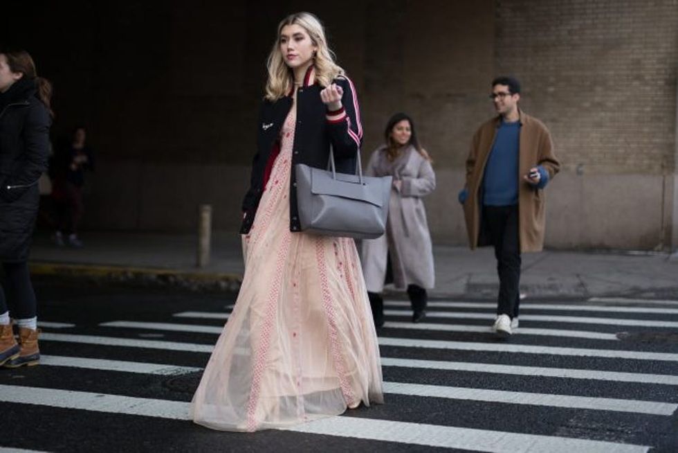 NEW YORK, NY - FEBRUARY 11: Dani McGowan is seen attending Dion Lee during New York Fashion Week wearing an Asos dress, Zara jacket, Hi Execwb bag on February 11, 2017 in New York City. (Photo by Matthew Sperzel/Getty Images)