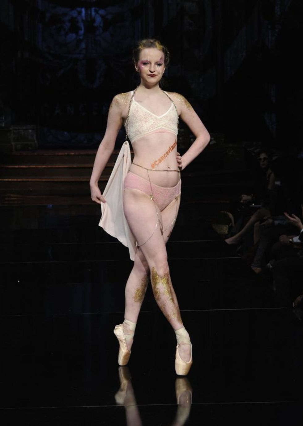 NEW YORK, NY - FEBRUARY 12: (EDITORS NOTE: Image contains nudity.) A model walks the runway during AnaOno Intimates X #Cancerland at New York Fashion Week Art Hearts Fashion NYFW FW/17 at The Angel Orensanz Foundation on February 12, 2017 in New York City. (Photo by Arun Nevader/Getty Images for Art Hearts Fashion)