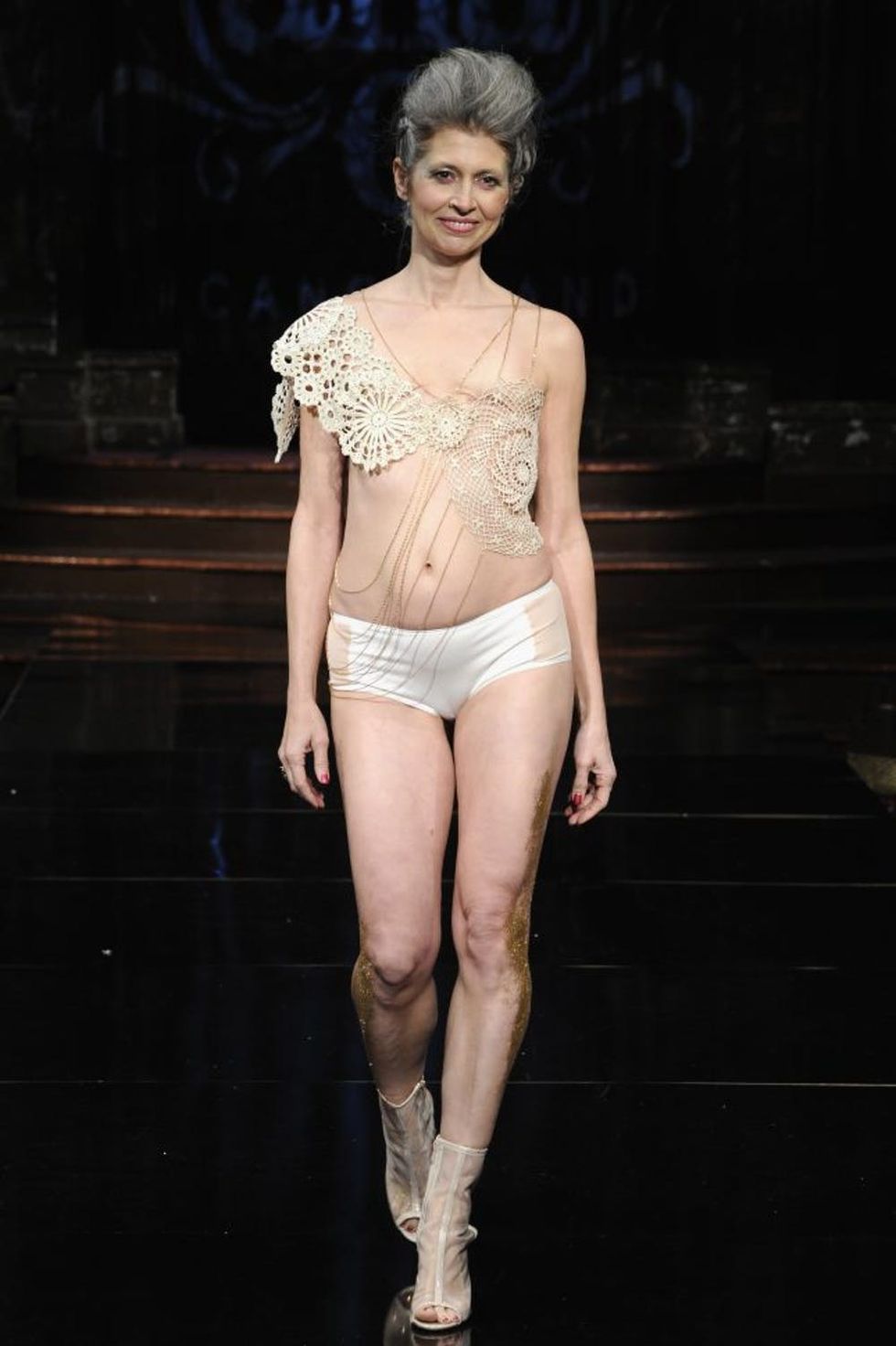 NEW YORK, NY - FEBRUARY 12: (EDITORS NOTE: Image contains nudity.) A model walks the runway during AnaOno Intimates X #Cancerland at New York Fashion Week Art Hearts Fashion NYFW FW/17 at The Angel Orensanz Foundation on February 12, 2017 in New York City. (Photo by Arun Nevader/Getty Images for Art Hearts Fashion)