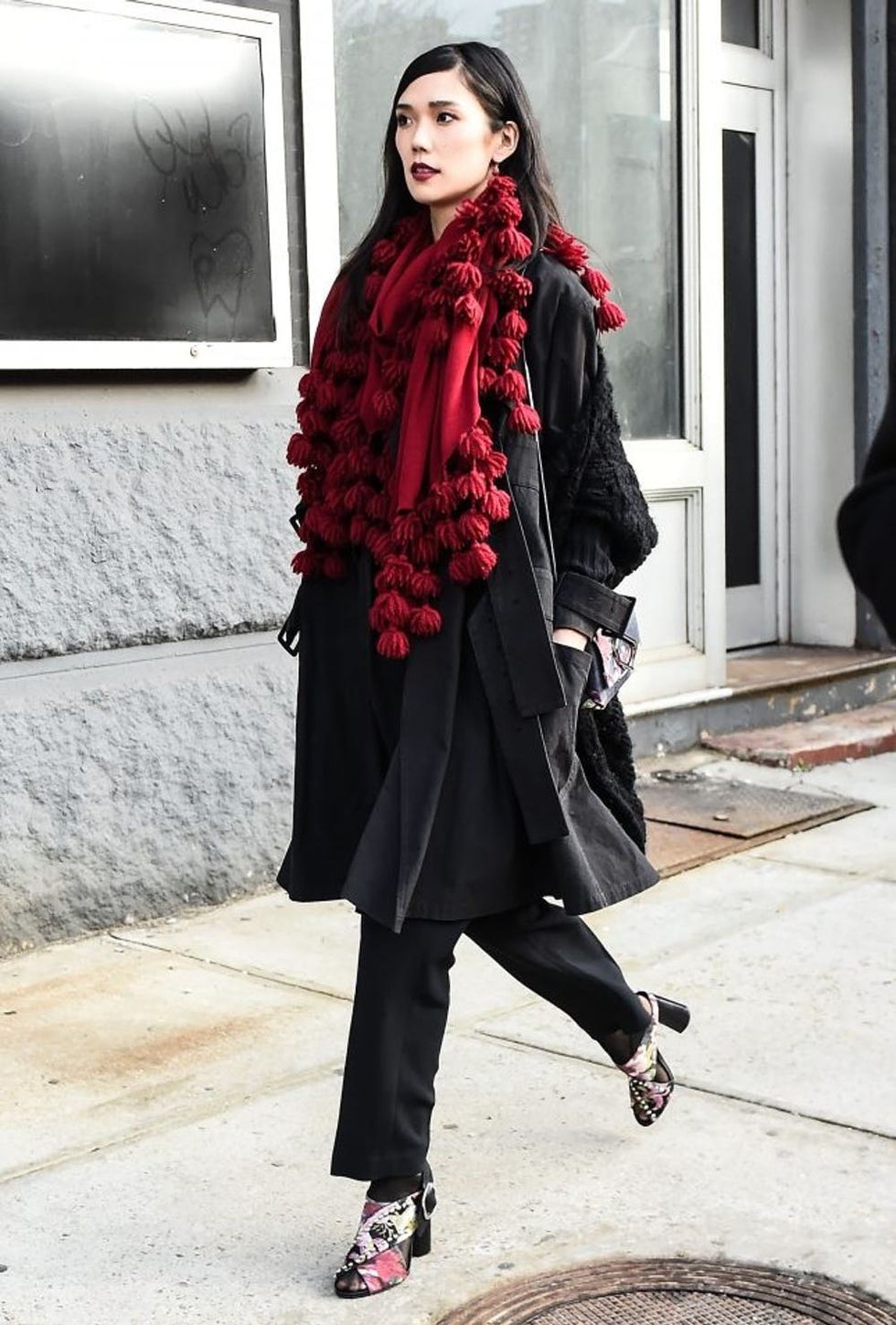 NEW YORK, NY - FEBRUARY 13: A model is seen wearing a red scarf outside of the 3.1 Phillip Lim show during New York Fashion Week: Women's Fall/Winter 2017 on February 13, 2017 in New York City. (Photo by Daniel Zuchnik/Getty Images)