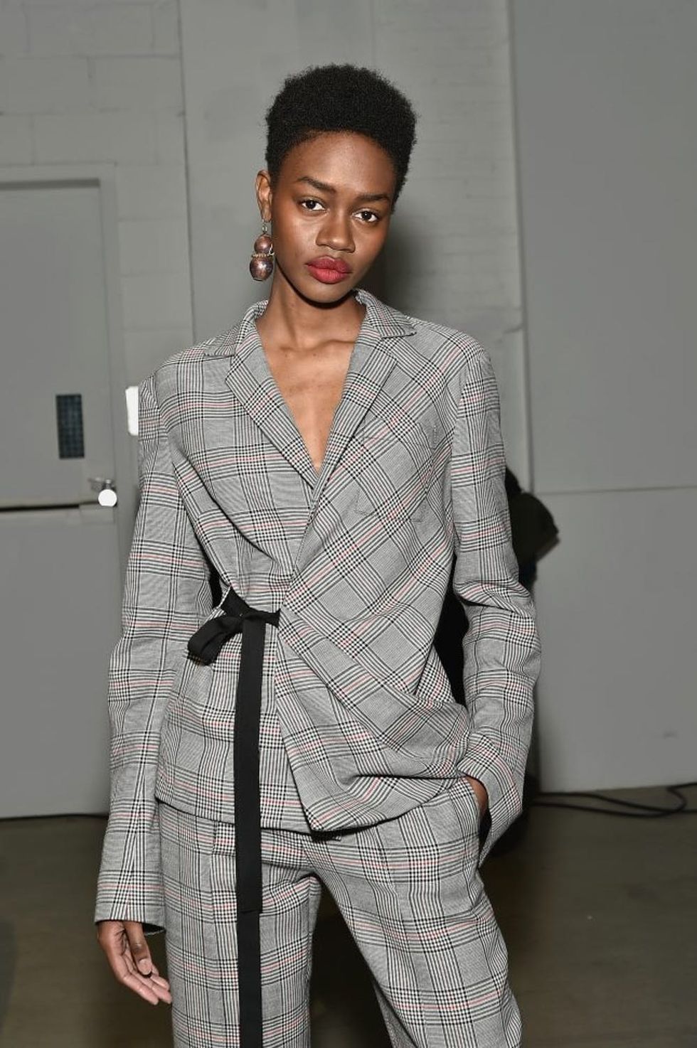 NEW YORK, NY - FEBRUARY 13: A model poses at the Rosie Assoulin Presentation at Gallery 2, Skylight Clarkson Sq on February 13, 2017 in New York City. (Photo by Mike Coppola/Getty Images)