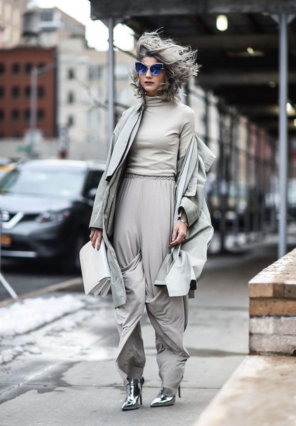 NEW YORK, NY - FEBRUARY 15: Samantha Angelo is seen wearing an all gray outfit outside the Anna Sui show during New York Fashion Week on February 15, 2017 in New York City. (Photo by Daniel Zuchnik/Getty Images)