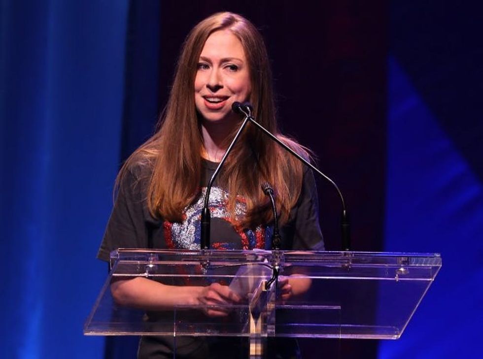 NEW YORK, NY - OCTOBER 17: Chelsea Clinton speaks during the Hillary Victory Fund - Stronger Together concert at St. James Theatre on October 17, 2016 in New York City. Broadway stars and celebrities performed during a fundraising concert for the Hillary Clinton campaign. (Photo by Justin Sullivan/Getty Images)