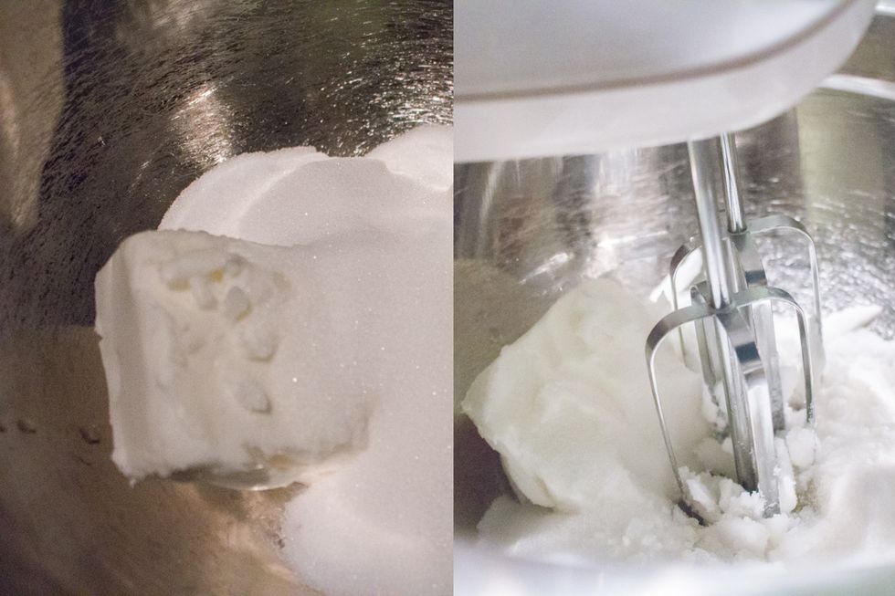 Next beat butter and sugar until fluffy on medium-to-low speed.