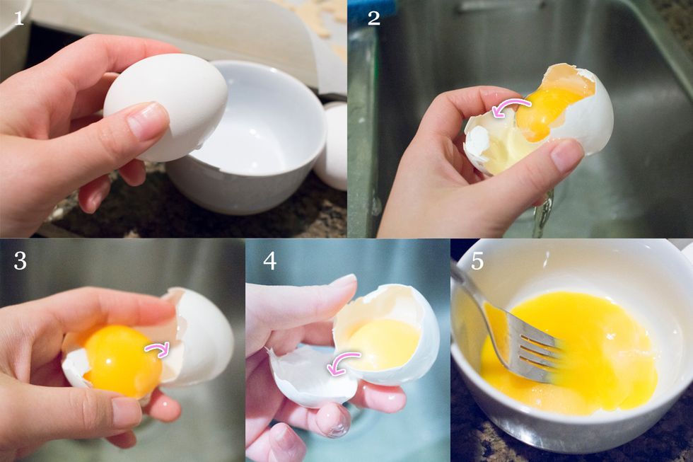 Next we will separate the egg yolk - do this over a sink! Crack the egg in two, and transfer the egg yolk from one shell to the next repeatedly, allow egg white to drip through, Transfer yolk to bowl.