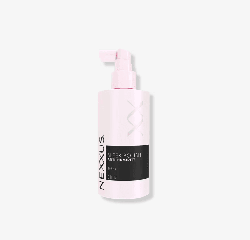Nexxus Sleek Polish Anti-Humidity Spray in a pink bottle with pump dispenser.