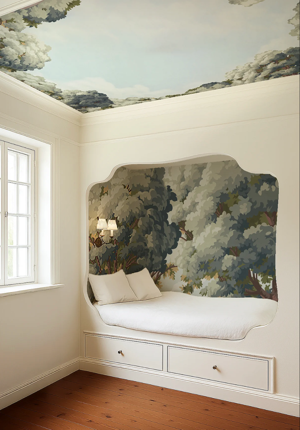 Nook bed with forest-themed mural, window, ceiling art, and wooden floor.
