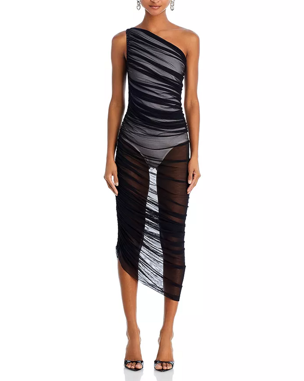 Norma Kamali Diana Sheer Ruched Asymmetric Gown