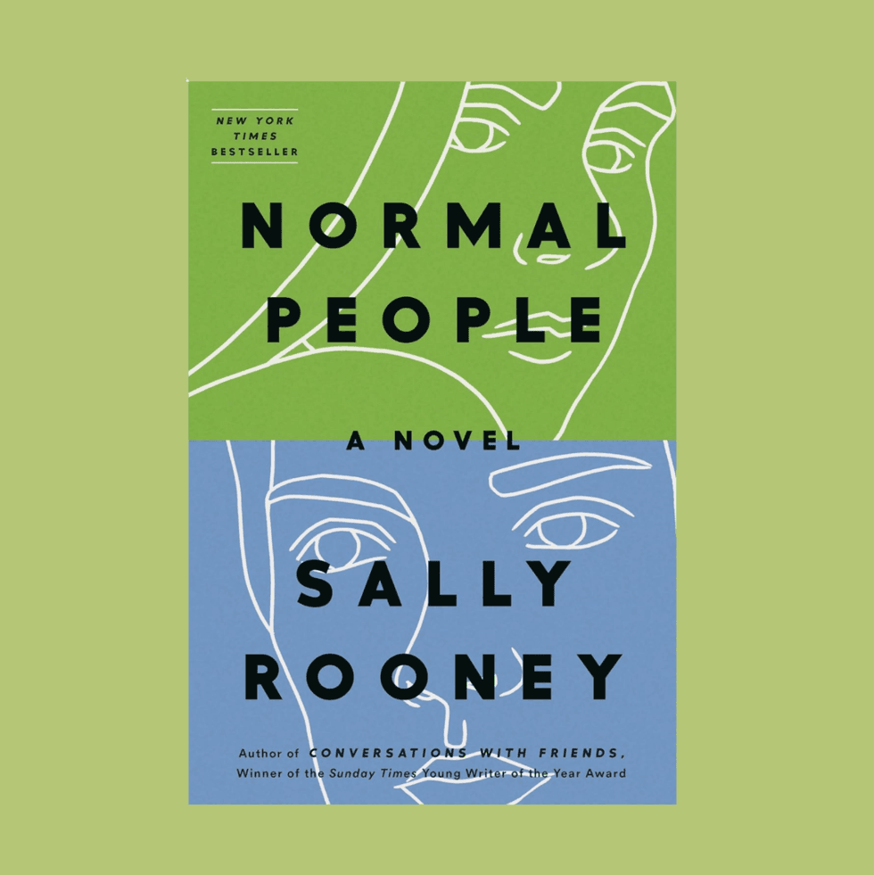 "Normal People" book cover with abstract faces, green and blue sections.