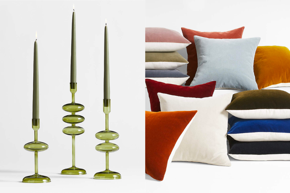 Ocher Faux Mohair Throw Pillow Cover + Venezia Olive Green Glass Taper Candle Holder Set from crate and barrel's fall decor