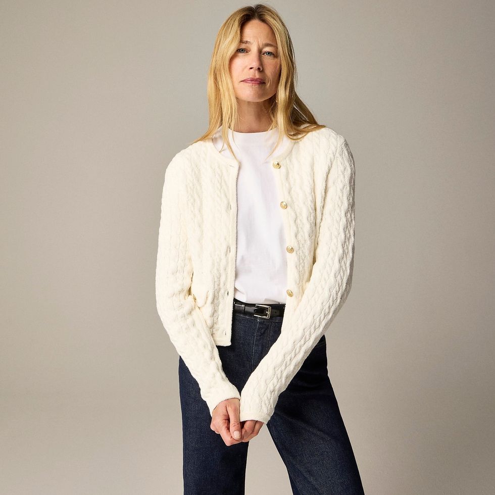 Odette Cable-Knit Sweater Lady Jacket in Cotton-Blend Boucl\u00e9