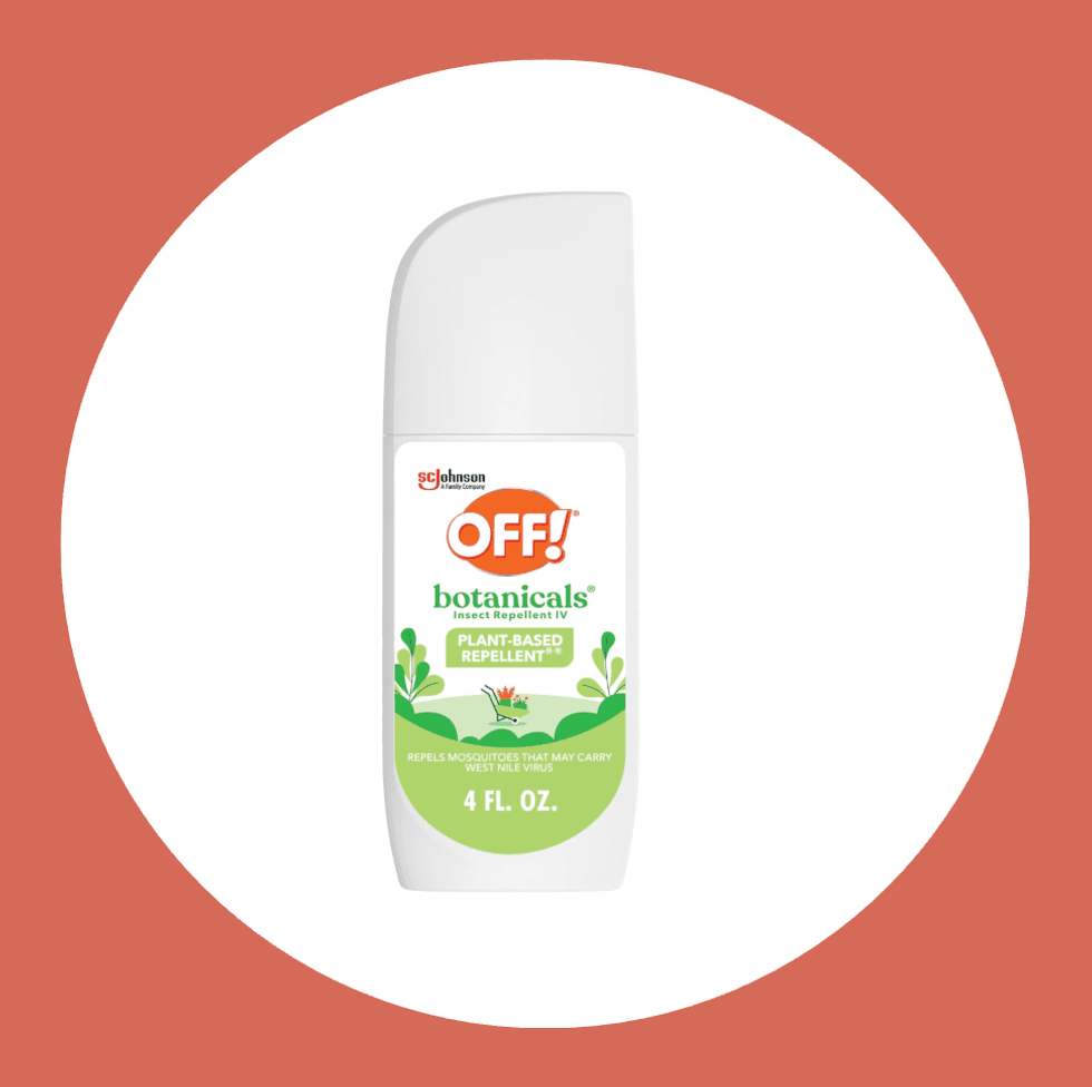 OFF! Botanicals insect repellent bottle on a red and white background.