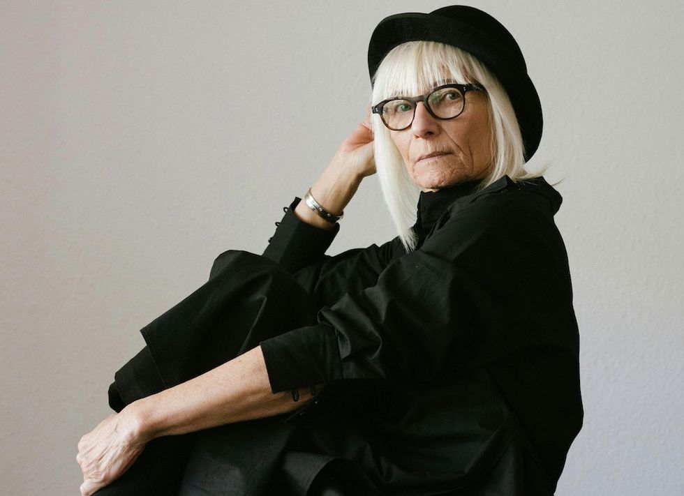 older woman wearing all black