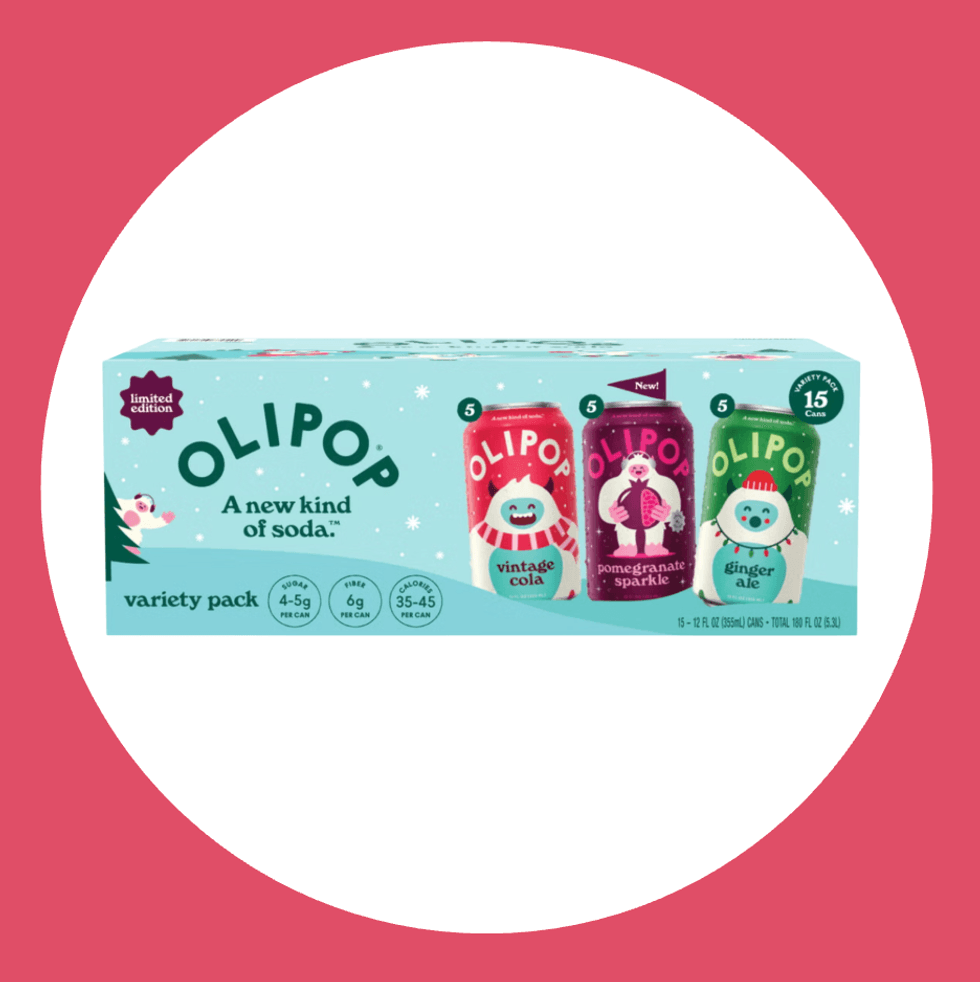 Olipop soda variety pack with vintage cola, pomegranate sparkle, ginger ale cans.