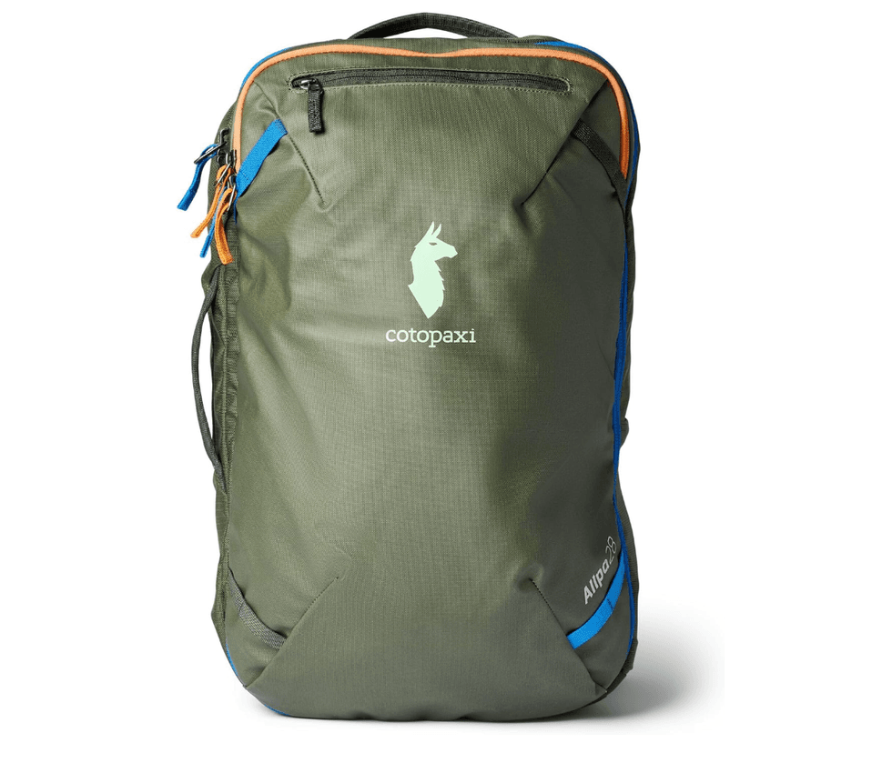 Olive-green Cotopaxi backpack with blue and orange accents, front zipper pocket, and top handle.