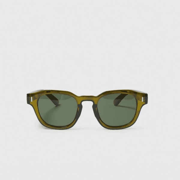 Olive green sunglasses with square frames and dark lenses on a plain background.