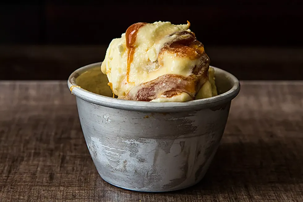 Olive Oil + Saffron Ice Cream with Burnt Orange + Caramel Swirl