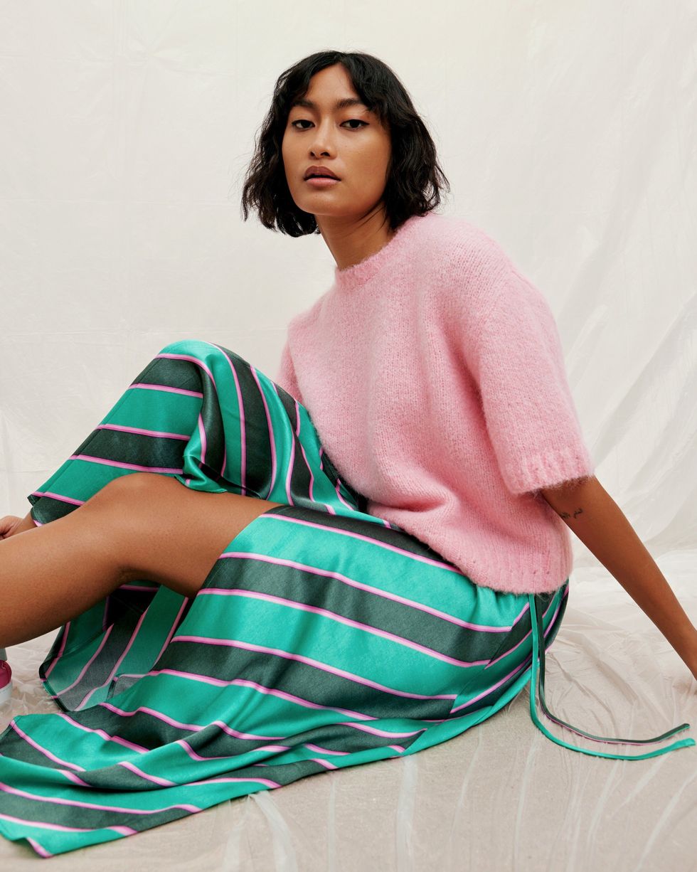 Oliver Bonas Diagonal Stripe Green Midi Skirt