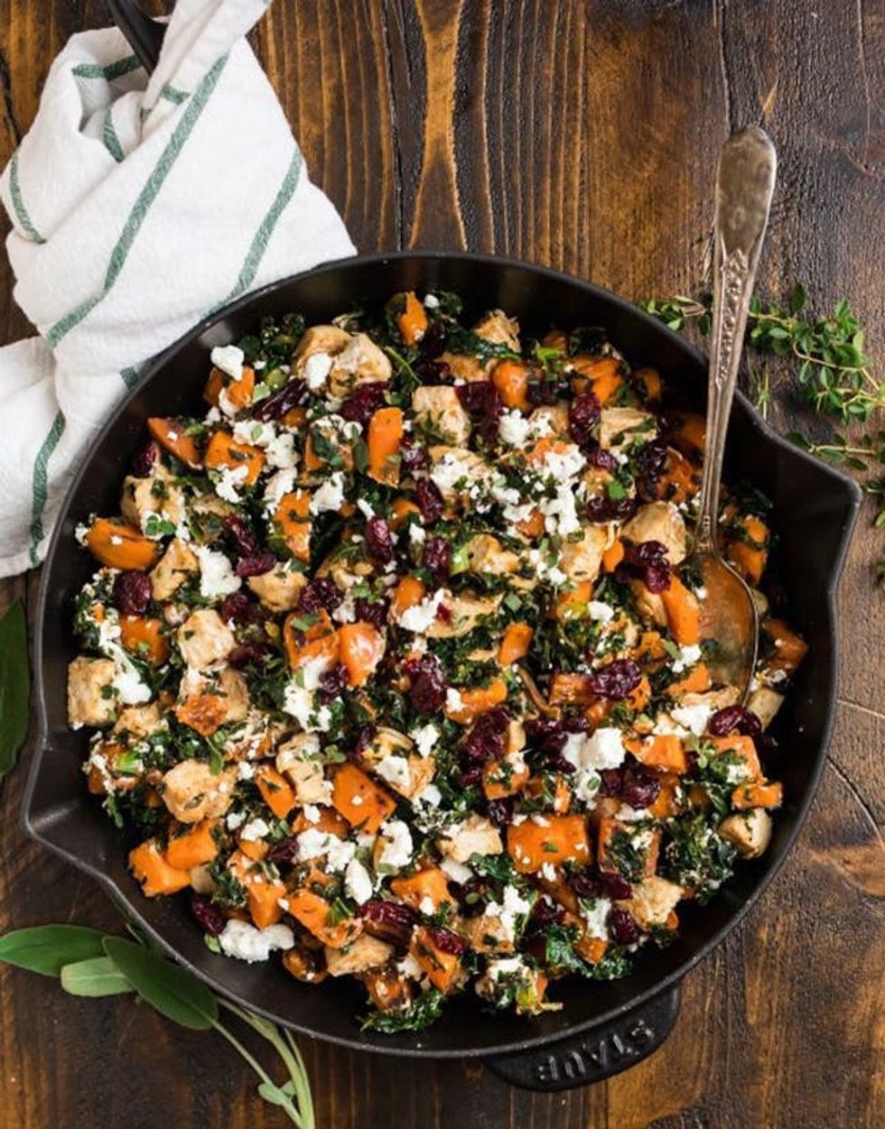 One Pan Chicken with Sweet Potatoes, Kale, and Cranberries