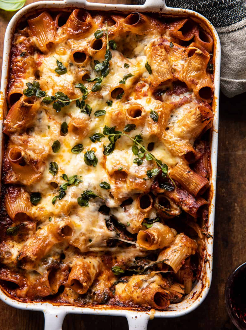 One-Pan Four Cheese Sun-Dried Tomato and Spinach Pasta Bake
