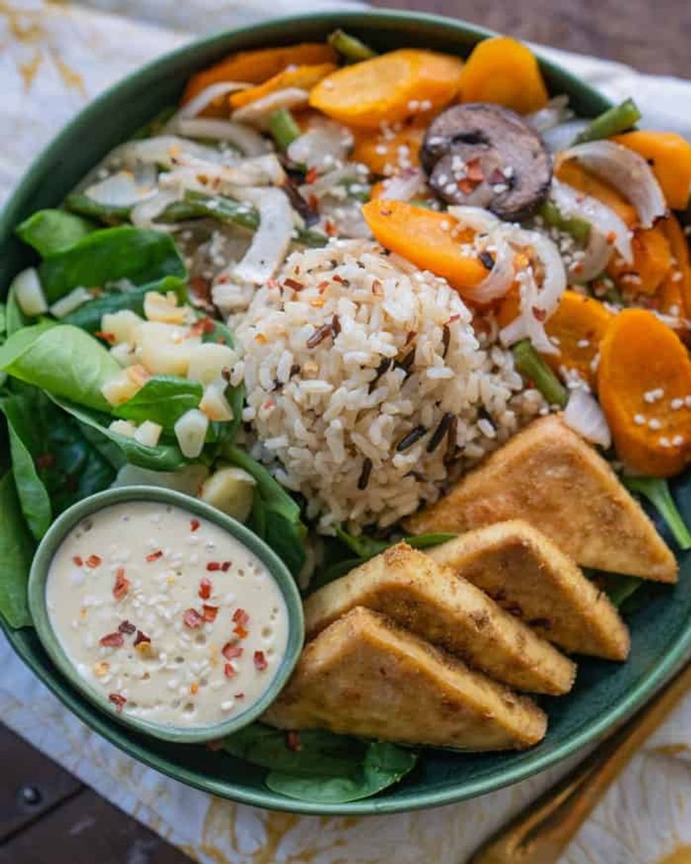 One-Pan Tofu Veggie Bowls with Cashew Garlic Sauce