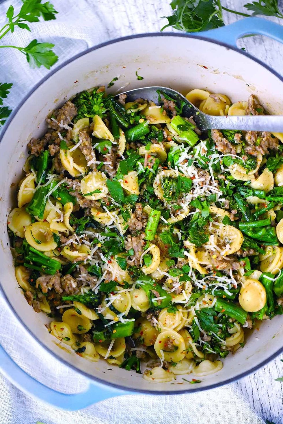 One Pot Orecchiette with Sausage + Broccolini