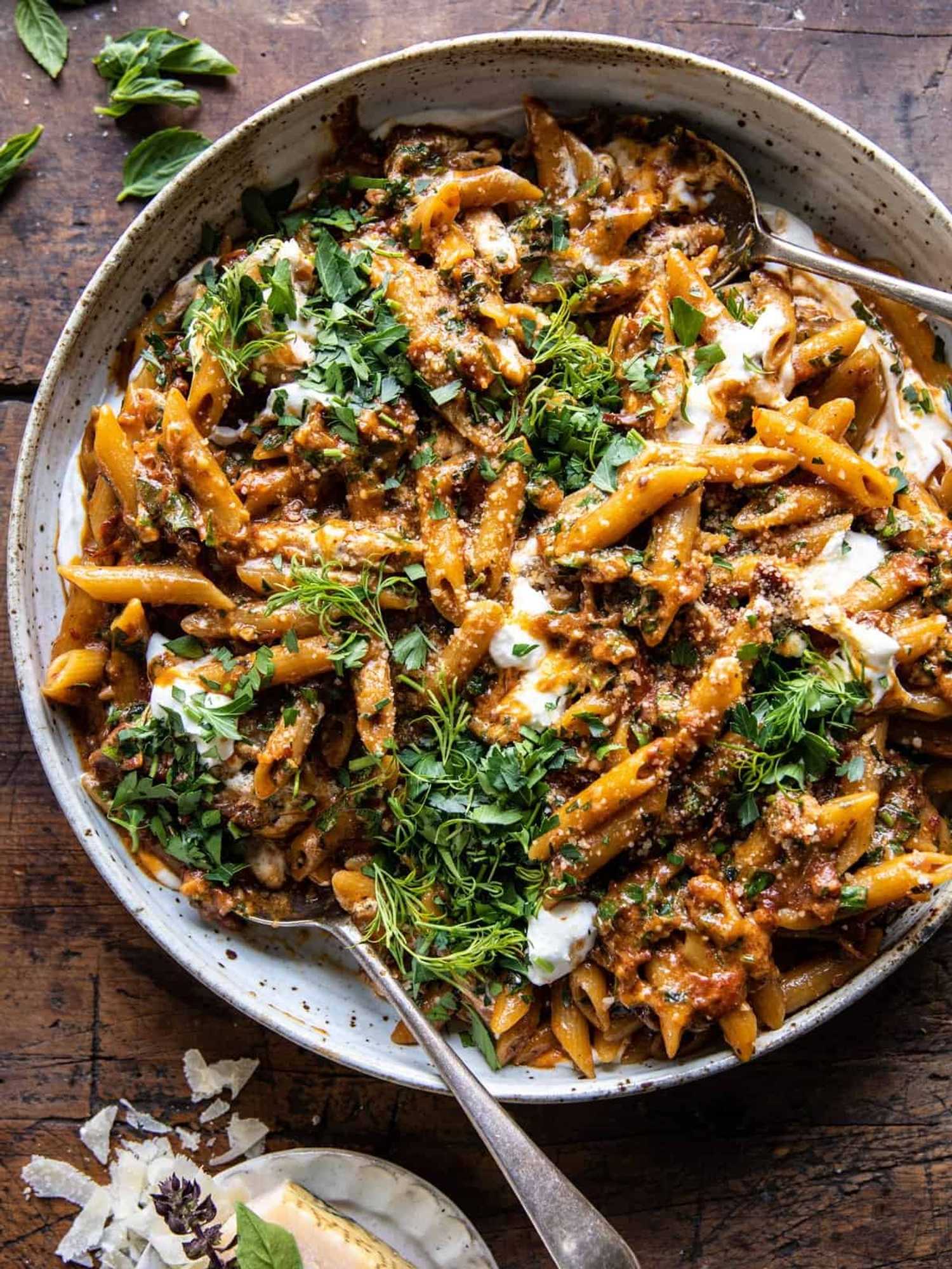 One Pot Sun-Dried Tomato Pasta with Whipped Ricotta