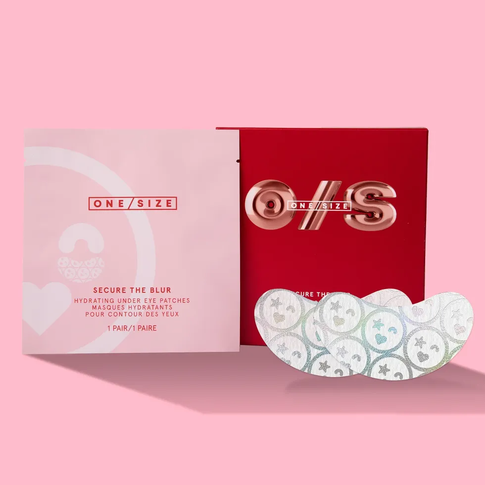 One Size under-eye patches are shown in front of a pink background.