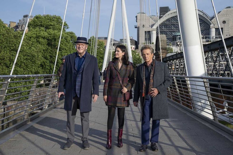 Only Murders in the Building season 6 cast steve martin selena gomez martin short standing on the millennium bridge in london england