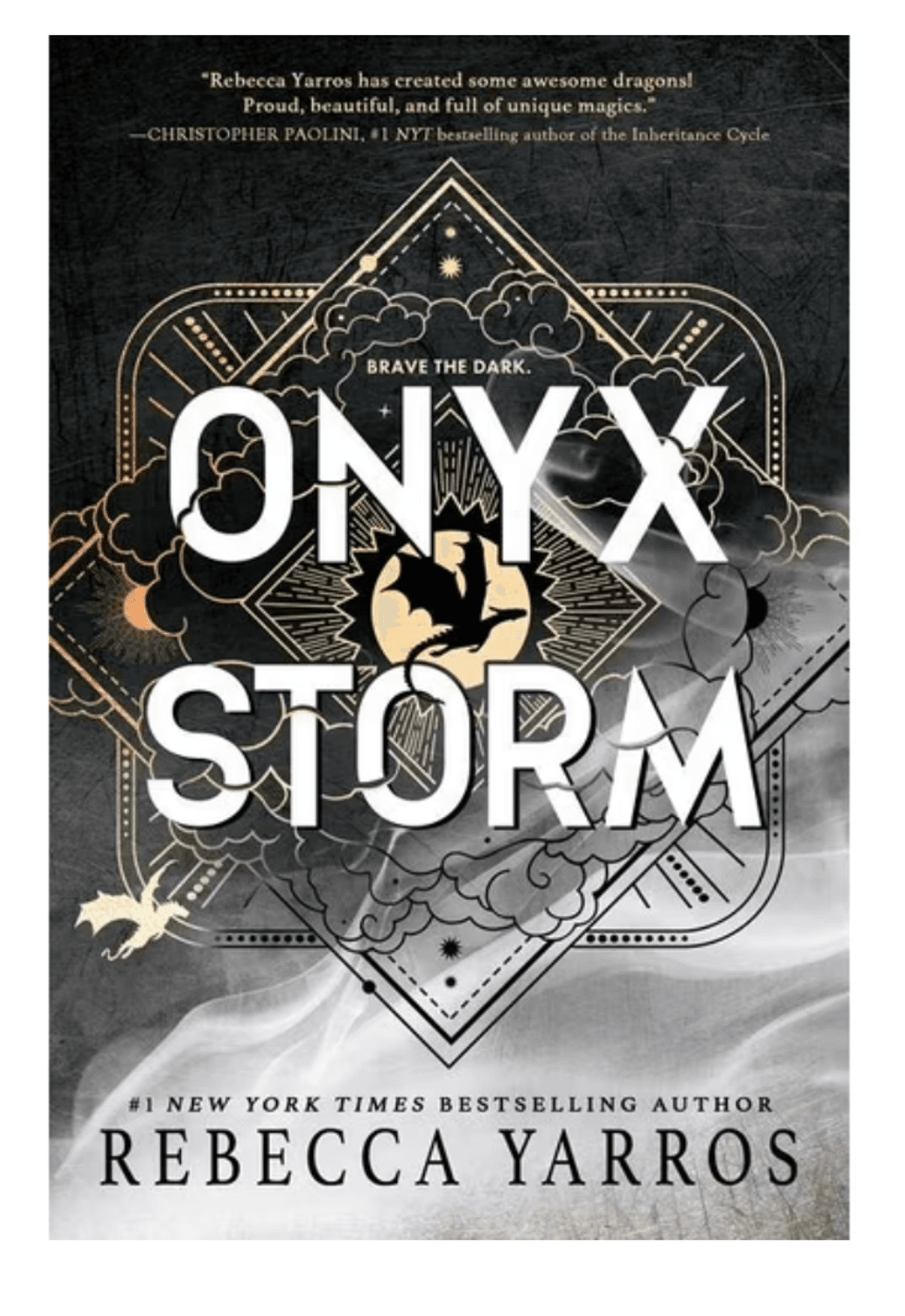"Onyx Storm" book cover with a black and white dragon and starry design.