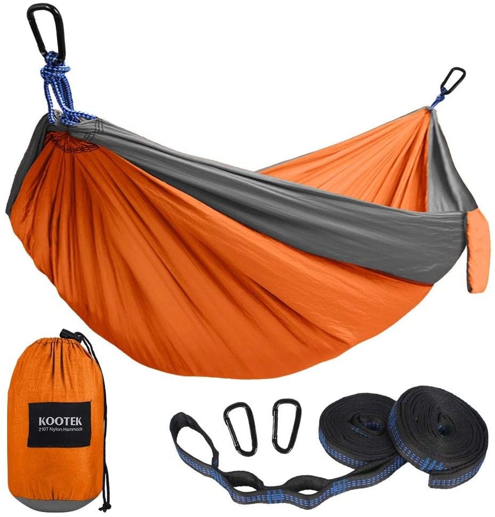 Orange and gray camping hammock set with straps, carabiners, and carry bag.