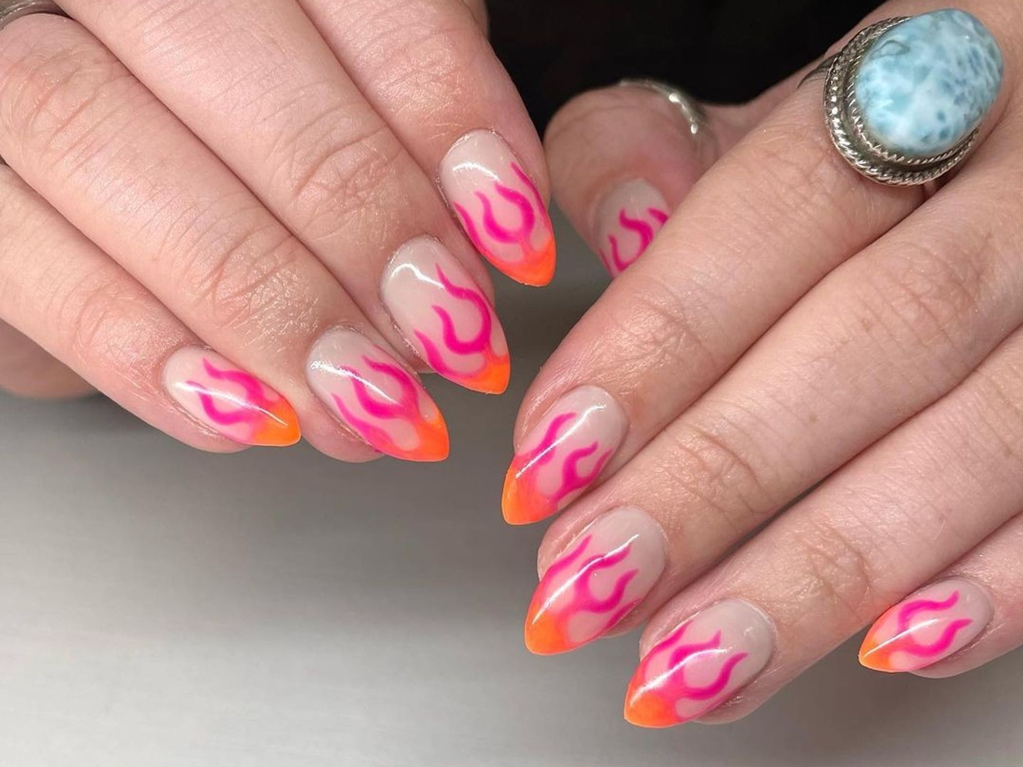 orange and pink flame french manicure