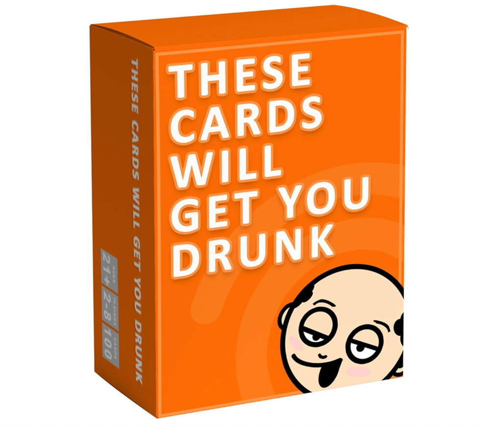 Orange box with "These Cards Will Get You Drunk" and a cartoon face.