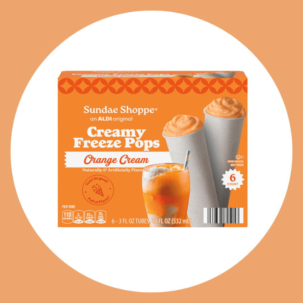 Orange Cream Freeze Pops box with two pops and a glass of orange cream.