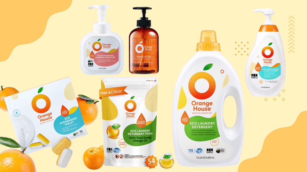 Orange House cleaning products with citrus theme on a bright background.