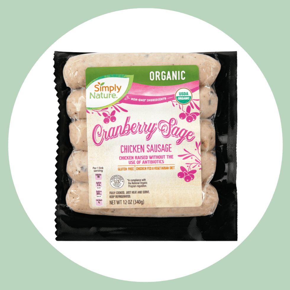 Organic Cranberry Sage chicken sausage package on a light green background.