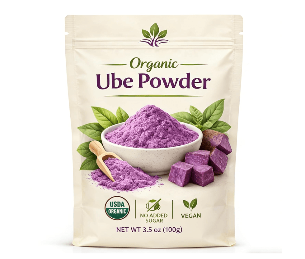 Organic ube powder package with vibrant purple color, vegan, 3.5 oz, no added sugar.