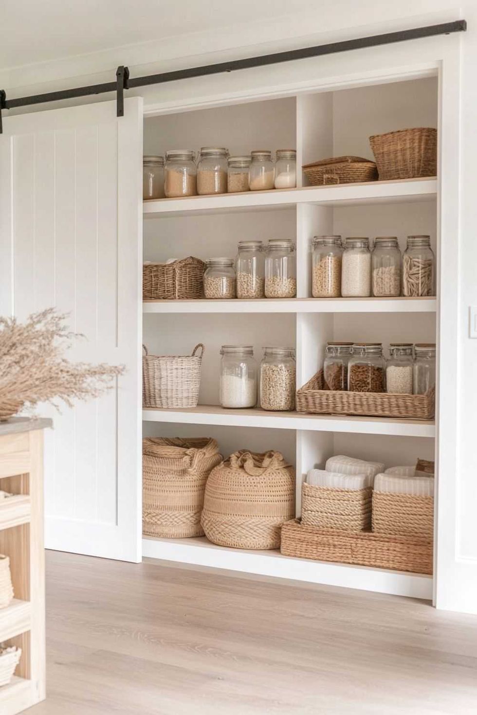 Organized pantry with jars and woven baskets on white shelves, wooden sliding door.