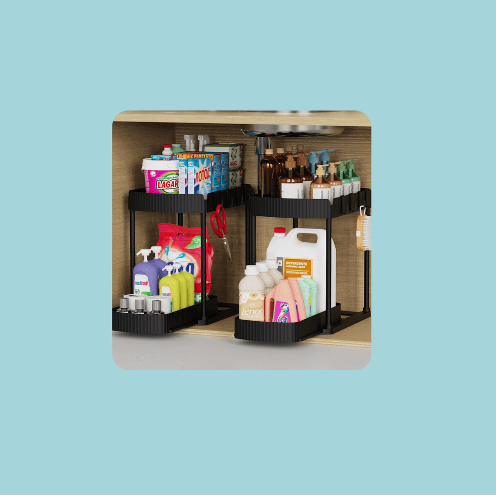 Organized under-sink storage with cleaning supplies and detergents on black shelves.